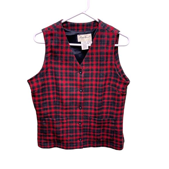 Womens Eddie Bauer 100% Wool Red Black Plaid Vest Size S Dark Academia - Picture 1 of 6